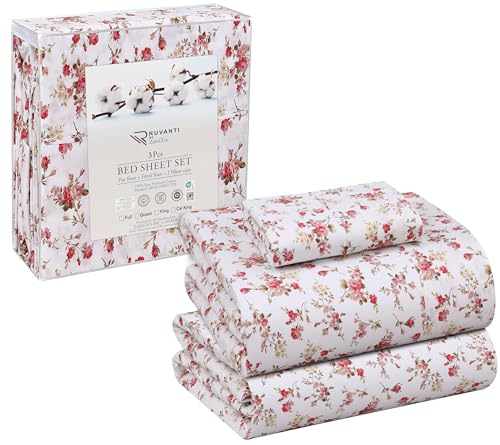 RUVANTI 100% Cotton Percale Sheets Twin XL Size, Bouquet | Crisp Cooling, Deep Pocket 16", Soft Breathable & Durable, Hotel-Style, 3 Piece Set - color: Bouquet, size: Twin XL