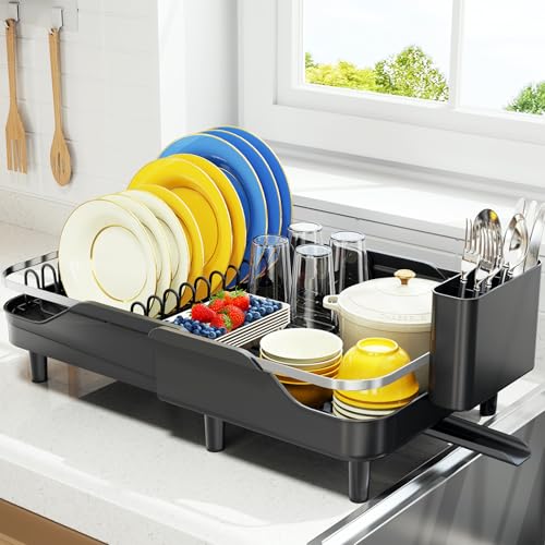 Urackify Dish Drying Rack for Kitchen Counter, Expandable Stainless Steel Dish Racks with Adjustable Water Spout, Space Saving Dish Drainer with Cutlery Holder,16.14"-23.62" L x 12.99" x 8.78",Black - color: Black