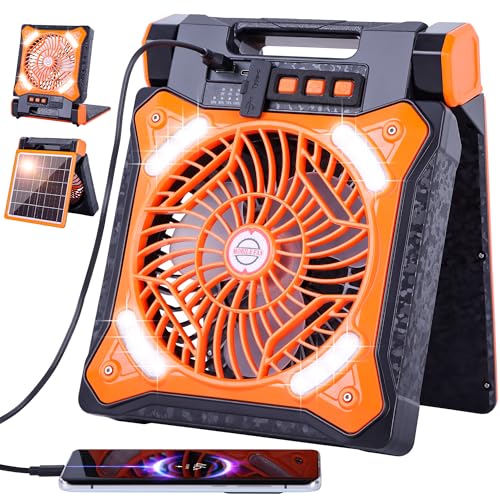WESTTREE Solar Fan Battery Powered Rechargeable Solar Camping Fan with Led Lantern Power Bank Foldable Angle USB Personal Fans for Travel Outdoor CampingTents camping essentials X98 Orange