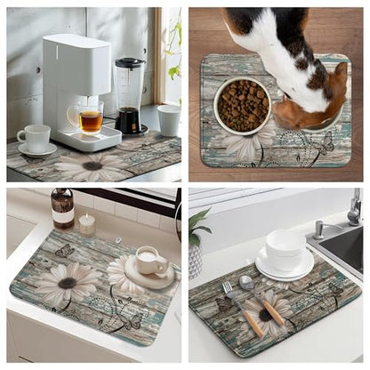 Summer Sunflower Vintage Dish Drying Mats for Kitchen Counter Country Rustic Daisy Farmhouse Kitchen Dishes Dryer Pad Fall Absorbent Dish Mat Microfiber Washable Foldable Reusable Large 18x24 in