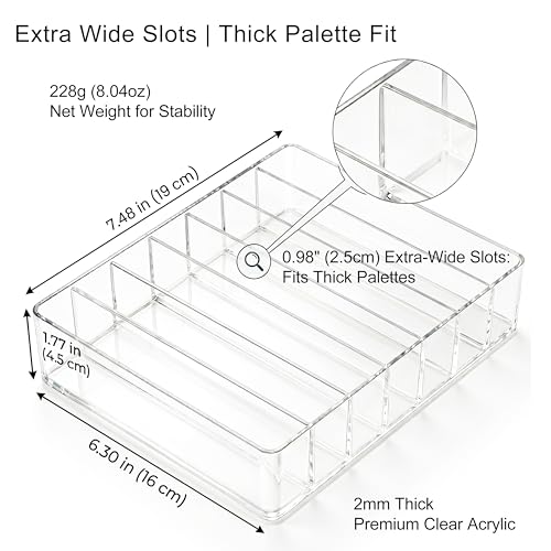 i-laesh 7-Slot Acrylic Makeup Palette Organizer - Clear Makeup Organizer 0.98" Wide Slots, Eyeshadow Holder for Vanity Drawer, Fits Thick Palettes, Blushes, CDs, Anime Badges & Craft Paints