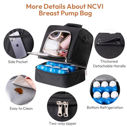 NCVI Breast Pump Bag, Double Layer Removable Pump Bag for Spectra S1, S2, Medela, Breast Pump Backpack with Ice Pack, Insulated Breast Milk Cooler Bag for Working Nursing Moms, Black - color: Black