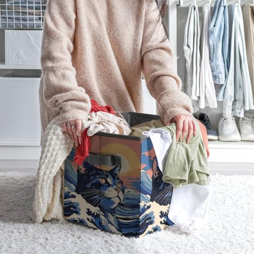 Ocean Cat Sunset Foldable Storage Box with Handle Organizer Containers for Home Office Clothes Office Supplies - color: style-9