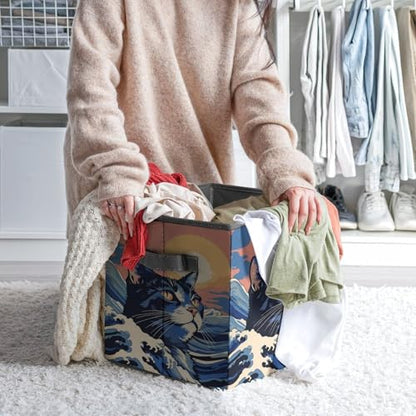 Ocean Cat Sunset Foldable Storage Box with Handle Organizer Containers for Home Office Clothes Office Supplies - color: style-9