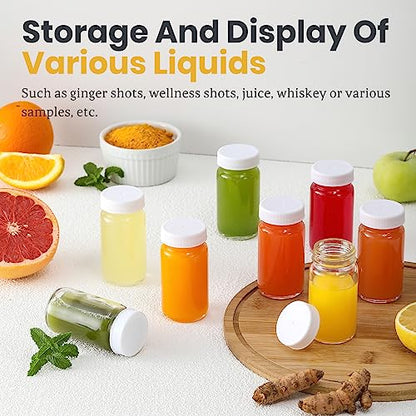 25 Pack 2 oz Glass Shot Bottles w/ White Lids & 25 Labels - Small Clear Jar for Ginger, Wellness Shot, Juice, Sample, Whiskey - Travel Essentials Mini Bottles - Wide Mouth, Leakproof, Dishwasher Safe - color: White Lid, size: 25 Pack