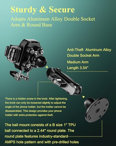 BRCOVAN Anti-Theft Phone Mount Holder with Vibration Dampener, 1s Locking | Don't Block Camera, with Aluminum Round Base & Medium Arm, for Car Boat Truck Motorcycle UTV, Fit 5.4-7.2'' Smartphones