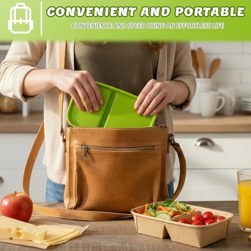 8 Pack 32oz Paper Lunch Box Bento Boxes, 2-Compartment Kraft Brown Paper Take Out Food Containers with Lids, Leakproof & Microwave Safe, Disposable To Go Boxes for Picnics, Offices, Catering, Green - color: Green Lid & Kraft Brown Box