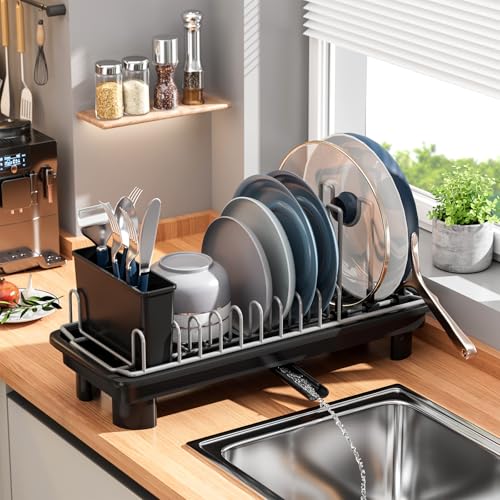 SanDream Small Dish Drying Rack with Removable Utensil Holder & Anti-Scratch Base - Stainless Steel Dish Rack, Dish Drying Rack with Drainage & Space Saving Design for Kitchen Counter, Black - color: Black