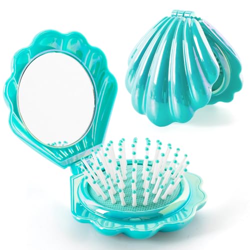 Iridescent Shell Folding Hair Brush with Mirror, Compact Travel Size Mermaid Hair Brush for Purse, Portable Brush Mini Pocket Mirror Massage Comb for Women (AQUA GREEN) - color: AQUA GREEN