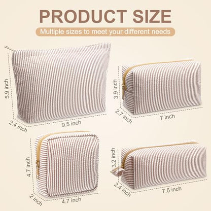 Sanwuta 4 Pcs Seersucker Pouch Cosmetic Bag Set Seersucker Makeup Bag Women Stripe Large Travel Toiletry Organizer Aesthetic Preppy Storage for Embroidery Women Bridesmaid Gifts(Khaki) - color: Khaki