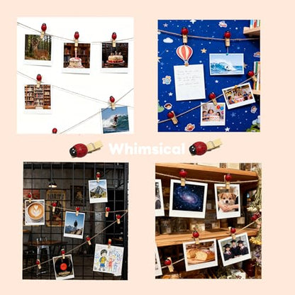 2 Sets Cute Ladybug Photo Clips with Hanging Strings, 24Pcs Mini Wooden Clips and 2 Jute Ropes for Picture Display,Small Pins for Notes Clothes Carfts Home Party Decoration Garland Gifts