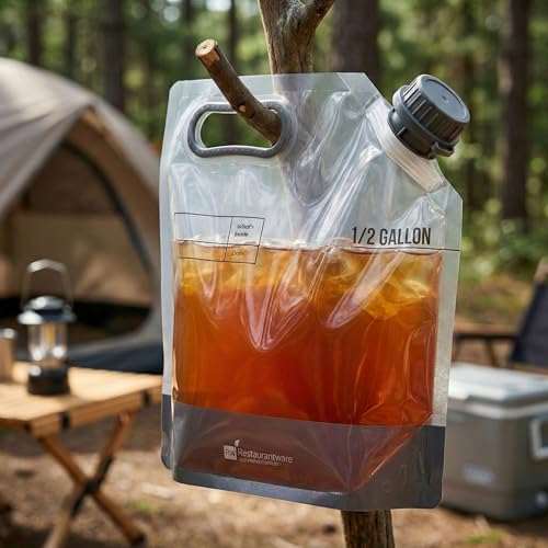 Restaurantware Cater Tek 1/2 Gallon Water Containers 10 Drink Bags - Collapsible Includes Tamper-Evident Caps Clear Plastic Beverage Bags For Catered Events Camping or Hiking Durable Handle - size: 10 Count, style: 1/2 Gallon