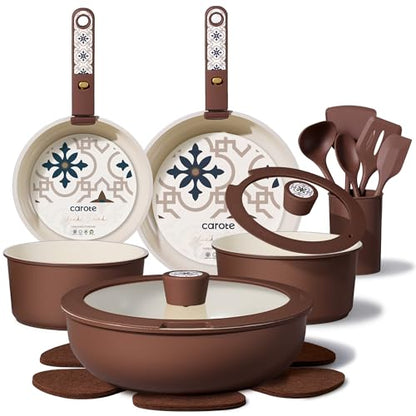CAROTE 19Pcs Ceramic Cookware Set, Pots and Pans Set Non stick, Non Toxic Cookware Detachable Handle, Kitchen Cooking Set - Induction Cookware, Dishwasher/Oven Safe, PFAS Free, Chocolate - color: Chocolate, size: 19 Piece