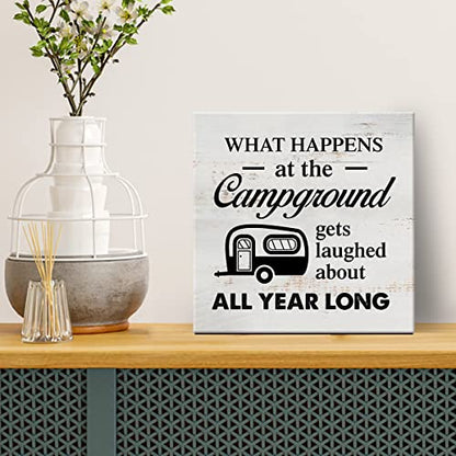 What Happens at the Campground Gets Laughed About Camping Sign Canvas Wall Art Home Decor 8 x 8 Inch RV Camper Canvas Print Painting Framed Plaque Rustic Desk Shelf Artwork