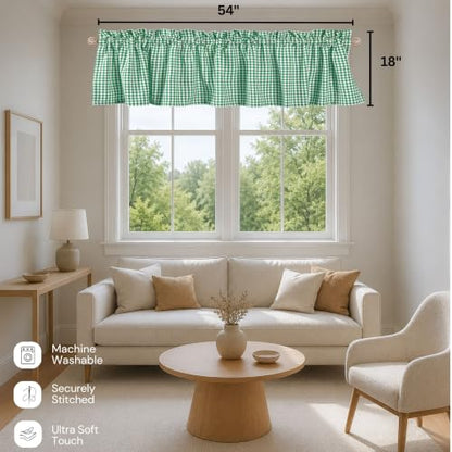 Mini Gingham Check Valance Curtains, 2 Pack, 54x18 Inches, 100% Cotton Rod Pocket Kitchen Window Valances for Farmhouse, Café, Bedroom, Bathroom and Living Room - Lemon Green - color: Lemon Green, Gingham, size: 18"W x 54"L (Pack of 2)