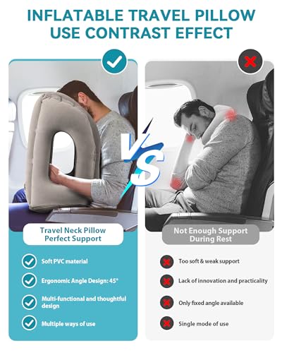 Inflatable Travel Pillow, Airplane Neck Pillow Comfortably Supports Head and Chin for Airplanes, Trains, Cars Office Napping on The Tray Table (Grey) - color: Grey(upgraded)