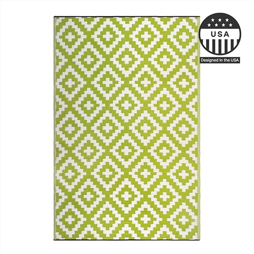 FH Home Outdoor Rug - Waterproof, Fade Resistant, Reversible - Premium Recycled Plastic - Geometric - Large Patio, Deck, Sunroom, Camping, RV - Aztec - Green & White Crease Free - 6 x 9 ft - color: Aztec - Green & White, size: 6' x 9' (Rectangular)