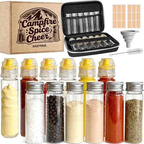 Portable Travel Camping Spice Kit, 12 Jars with EVA Bag, Funnel & Brush | 6 Mini Salt & Pepper Shakers, 6 Squeeze Bottles, Picnic Prep, Outdoor Travel Cooking, Compact carry