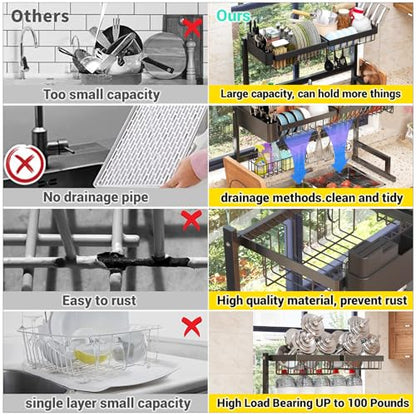 ilvvan Over Sink Dish Drying Rack (Expandable Height/Length) Snap-On Design Large Dish Drainer Storage Counter Organizer 24" - 35.5"(L) x 12"(W) x 19" - 22"(H)