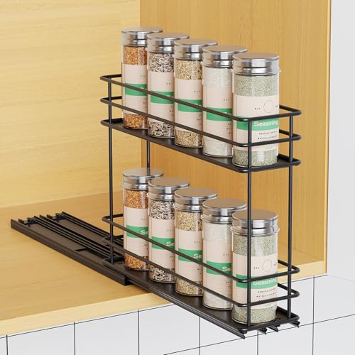 Mystozer Pull Out Spice Rack Organizer for Cabinet, Slide Out Spice Racks, Easy to Install Spice Cabinet Organizer, 2.5" Wx10.43 Dx8.26 H, 1 Drawer 2 Tiers（Black） - color: Black, size: 2.5" - 1 Drawer