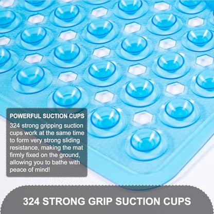 TEESHLY Bath Mat for Tub & Shower, Non Slip Soft Bathmat with Suction Cups & Drain Holes, Machine Washable Bathtub Floor Liner Mats for Bathroom, 35x16 Inch, Clear Blue - color: Blue (Translucent)