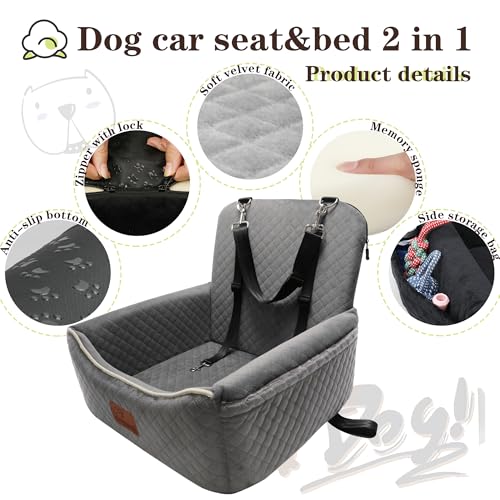 Dog Car Seat Bed 2 in 1 for Small/Medium Dogs up to 35 lbs,Adjustable Safety Leashes,Memory Foam with Soft Fabric Pets Travel Car Bed,Easily Installed in Front and Back seat,Removable and Washable. - color: Grey
