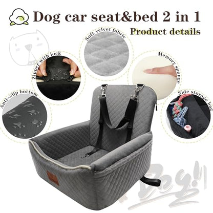 Dog Car Seat Bed 2 in 1 for Small/Medium Dogs up to 35 lbs,Adjustable Safety Leashes,Memory Foam with Soft Fabric Pets Travel Car Bed,Easily Installed in Front and Back seat,Removable and Washable. - color: Grey
