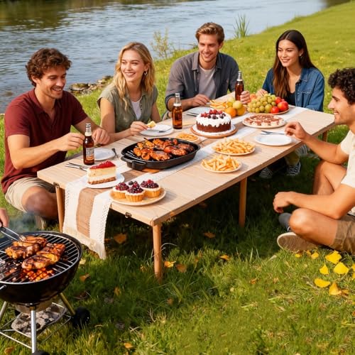 60"x30" Low Folding Picnic Table, Portable Boho Floor Table with Tablecloth, Ideal for Camping, Wedding, Beach, Garden, Party