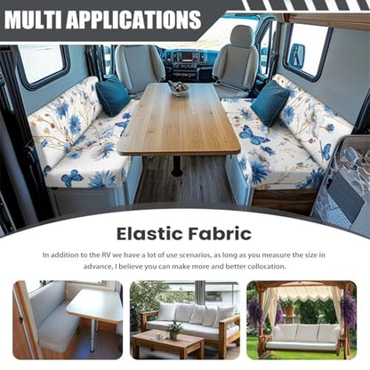 RV Dinette Cushion Covers Blue Butterfly Flowers Stretch Sofa Slipcover Non Slip Camper Furniture Protector Replacement Car Bench Cover - color: Blue Butterfly Flowers