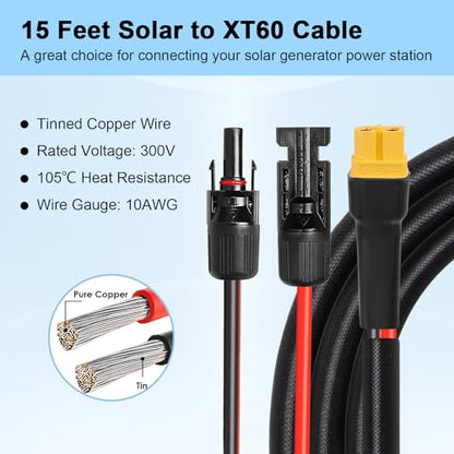 MOOKEERF Solar to XT60 Cable 10AWG 15FT Solar Connector to XT60 Adapter Cable for Solar Panel to Battery RV Portable Power Station Solar Generator - 15 Foot - size: 15FT