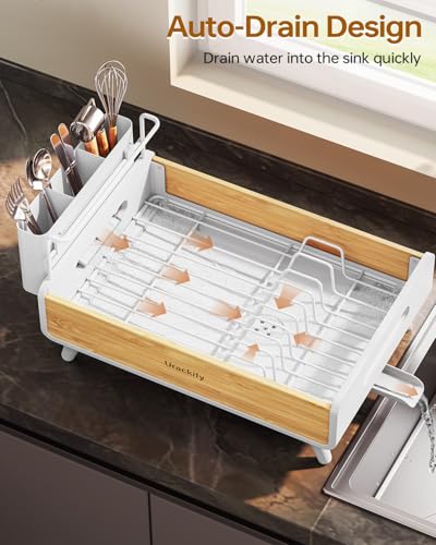 Urackify Dish Drying Rack for Kitchen Counter - Stainless Steel & Bamboo Dish Rack with Large Removable Utensil Holder, Dish Drainer with Adjustable Automatic Spout, White - color: White, size: 1 Tier