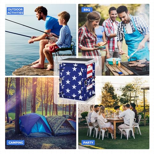 EAGLE PEAK Outdoor Folding Camping Table with Large 3-Tier Storage Organizer and Side Pockets, Easy Set Up Portable Aluminum Camping Kitchen, American Flag