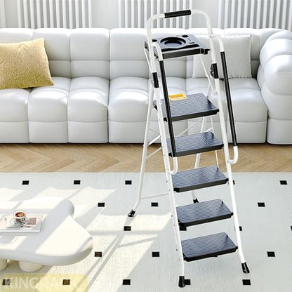 KINGRACK Folding 5-Step Ladder, 800 lbs Capacity Step Stool with Safety Lock, Tool Tray, Non-Skid Wide Steps, Handrail, Household Folding Ladder for Home, Garden, Painting, Outdoor, and Garage, White - size: 5-STEP