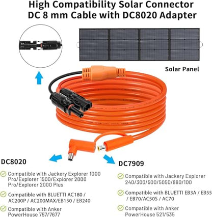 Solar Connector to DC 8mm Adapter Cable 15FT, 12AWG + 14AWG Tinned Copper Wire with DC7909 to DC8020 Adapter, Heavy Duty Charging Cable for Portable Power Station, RV, Outdoor Camping - size: 15FT