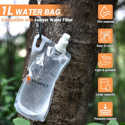 VANPET 1L Hiking Collapsible Water Bottles, 33OZ BPA-Free Plastic Flasks, Reusable Drink Bags, Foldable Backpacking Water Bottle for Travel Camping Hiking (2-Pack) - color: 2-Pack