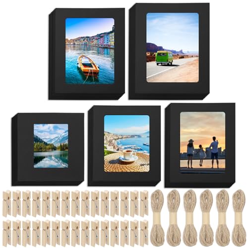 Keadic 105PCS Paper Picture Frames 5 Sizes Black Cardboard Photo Frame with Wooden Clips and Strings Photo Display Banner for Home Office Wedding Party Decor