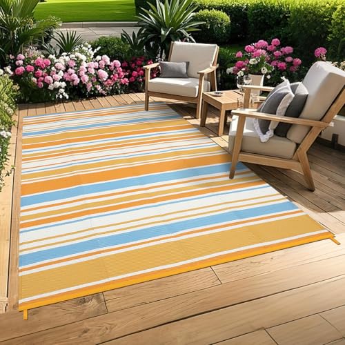 GAOMON 8x10 Large Outdoor Rug Waterproof for Patio Plastic Straw Rug Geometric Stripe Indoor Outdoor Area Rug Modern Lines Camping Rugs for RV Porch Deck Backyard Balcony, Orange Yellow Blue White - color: Geometric Stripes| Orange Yellow Blue White, size