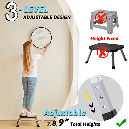 Double Elite 3 Levels Adjustable Folding Step Stools for Adults, Sturdy Metal RV Step, Safer Foldable Small Kitchen Stepping Stool Seniors Bed, Multi-Use Office Foot Stool Under Desk - color: Gray/Black