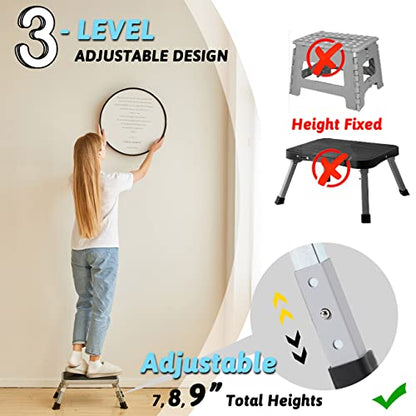 Double Elite 3 Levels Adjustable Folding Step Stools for Adults, Sturdy Metal RV Step, Safer Foldable Small Kitchen Stepping Stool Seniors Bed, Multi-Use Office Foot Stool Under Desk - color: Gray/Black