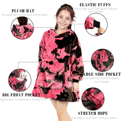 cow print Pink Wearable Blanket Hoodie 6-13 Year Old - Cozy Soft Fleece Flannel Hot Pink Hooded Sweatshirt Blanket, Christmas/Birthday Gifts for Teens Girls - color: Black Pink, size: Kids-M