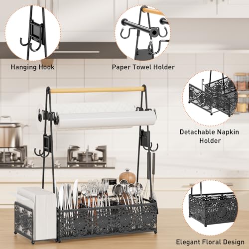 EKNITEY Camping Utensil Grill Holder: BBQ Condiment Griddle Kitchen Organizer With Handle - Caddy Storage For Travel Picnic - color: Wood and black