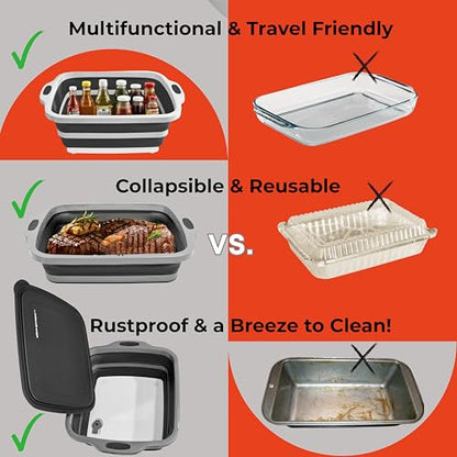 Collapsible Large (8L) BBQ Marinating Tub w/ Cutting Board | Multipurpose Food-Grade TPE Prep Tub w/ Lid | Built-In Colander & Drain Plug - For Camping | Tailgate | Picnic - Slate Black - size: Large