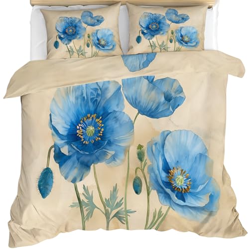 Blue Poppy Comforter Set Oversized King, Floral Bedding Set 3 Piece, Watercolor Blue Flowers Duvet Cover with Zipper & Ties, 2 Pillowcases - color: Blue Poppy, size: Oversized King 120" x 98"