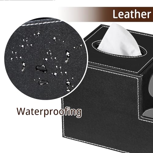 PU Leather Square Tissue Box Cover - Multi-Functional Tissue Box Holder, Tissue Box Cover with Storage,Tissue and Remote Control Holder, Cube Tissue Box Organizer Bedroom Nightstand End Table - color: Black