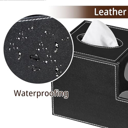 PU Leather Square Tissue Box Cover - Multi-Functional Tissue Box Holder, Tissue Box Cover with Storage,Tissue and Remote Control Holder, Cube Tissue Box Organizer Bedroom Nightstand End Table - color: Black