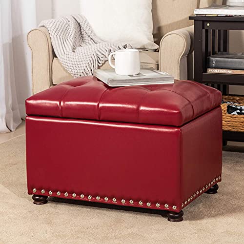 24'' Leather Storage Ottoman Rectangular Foot Rest Stool with Nailhead Trim for Bedroom Living Room(Red) - color: Red