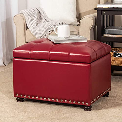 24'' Leather Storage Ottoman Rectangular Foot Rest Stool with Nailhead Trim for Bedroom Living Room(Red) - color: Red