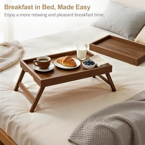 Large Breakfast Tray with Folding Legs Set of 2, 16.9" x 12.2" Bamboo Bed Tray Table with Ergonomic Wave Handles, Foldable TV Dinner Tray for Bed Couch Sofa, Breakfast, Laptop, Coffee, Walnut - color: Walnut, size: Large