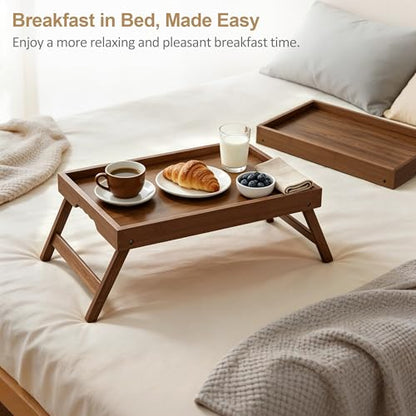 Large Breakfast Tray with Folding Legs Set of 2, 16.9" x 12.2" Bamboo Bed Tray Table with Ergonomic Wave Handles, Foldable TV Dinner Tray for Bed Couch Sofa, Breakfast, Laptop, Coffee, Walnut - color: Walnut, size: Large