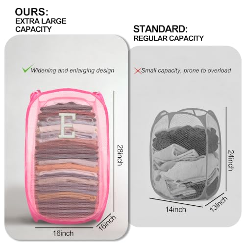 Collapsible Pop Up Laundry Hamper, Extra Large with Removable Initial Letter E, Mesh Foldable Laundry Basket, 28" x 16" x 16" (Pink) - color: 1P PinkE
